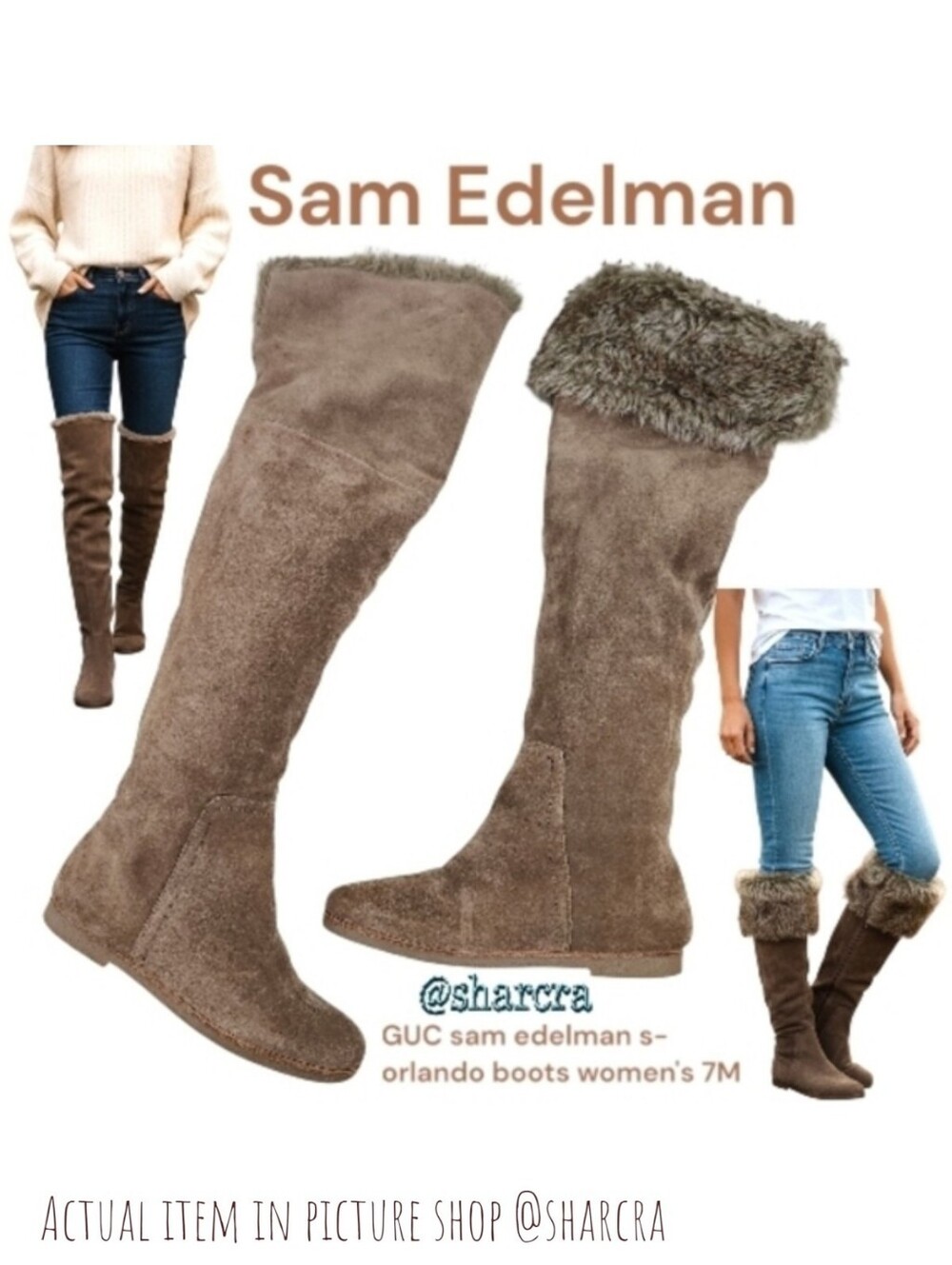 Sam Edelman Women's S- Orlando Tan Leather upper Faux Fur OTK fold Down Boots 7